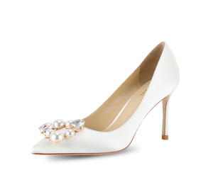 Pearl Buckle Satin Pumps - Kaitlyn Pan Shoes