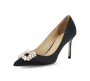 Crystal Pearl Buckled Satin Pumps - Kaitlyn Pan Shoes