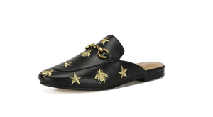 Aaliyah Buckled Mules - Black with Bees and Stars - Kaitlyn Pan Shoes